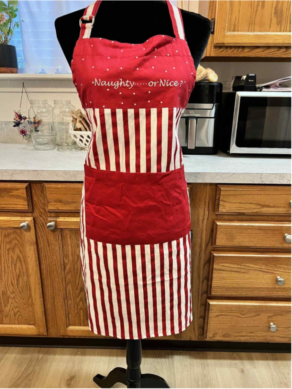 Christmas Apron Naughty or Nice Red & White Candy Cane Stripes Holiday Kitchen